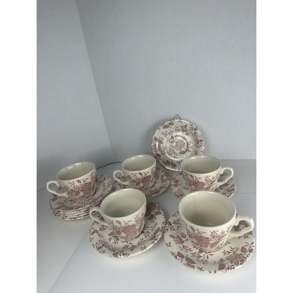 Red / Pink Transferware Cup and Saucer EIT England Roses Floral 15 Pieces